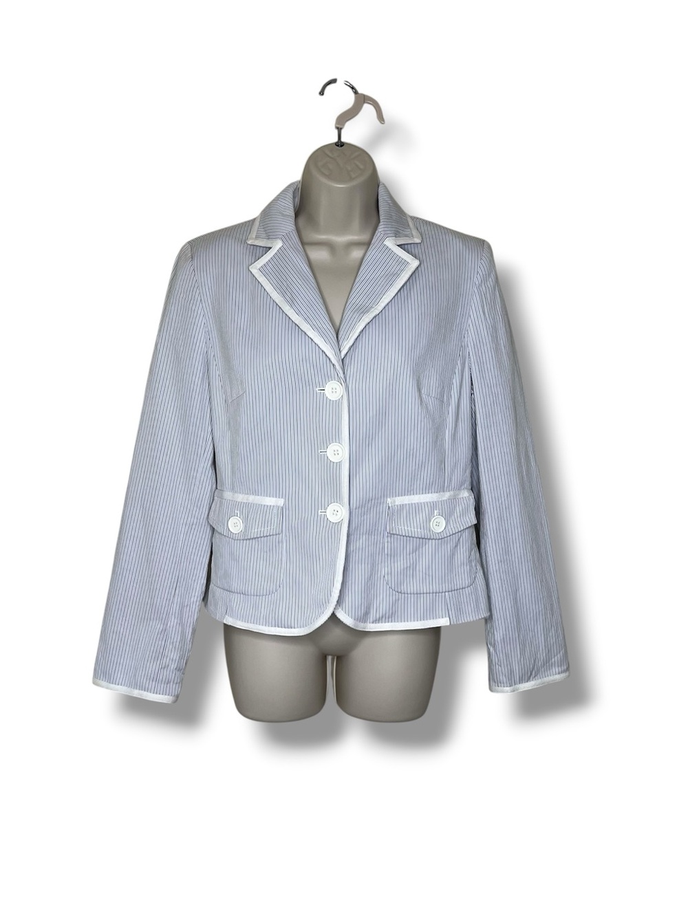 Vintage Ann Taylor Loft Blazer Jacket Blue White Gray Stripe Piping Trim Women 8